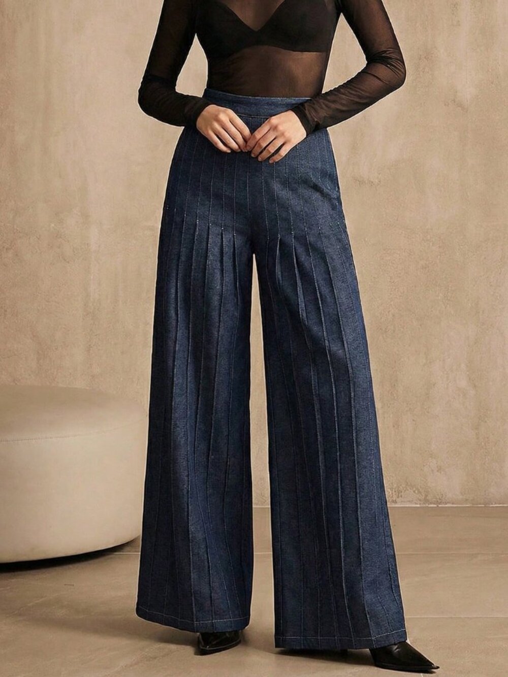 Blue Casual Women's Elegant Pleated Wide Leg Pants - Picture 3 of 7